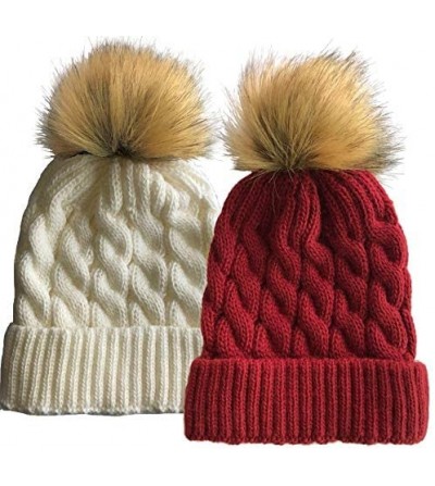 Skullies & Beanies Women Cable Knit Slouchy Thick Winter Hat Beanie Pom Pom 1- 2 and 3 Pack - 2 Pack (White & Burgundy) - CR1...
