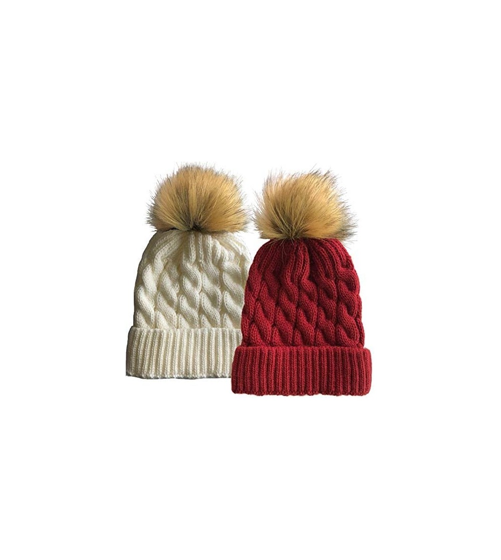 Skullies & Beanies Women Cable Knit Slouchy Thick Winter Hat Beanie Pom Pom 1- 2 and 3 Pack - 2 Pack (White & Burgundy) - CR1...