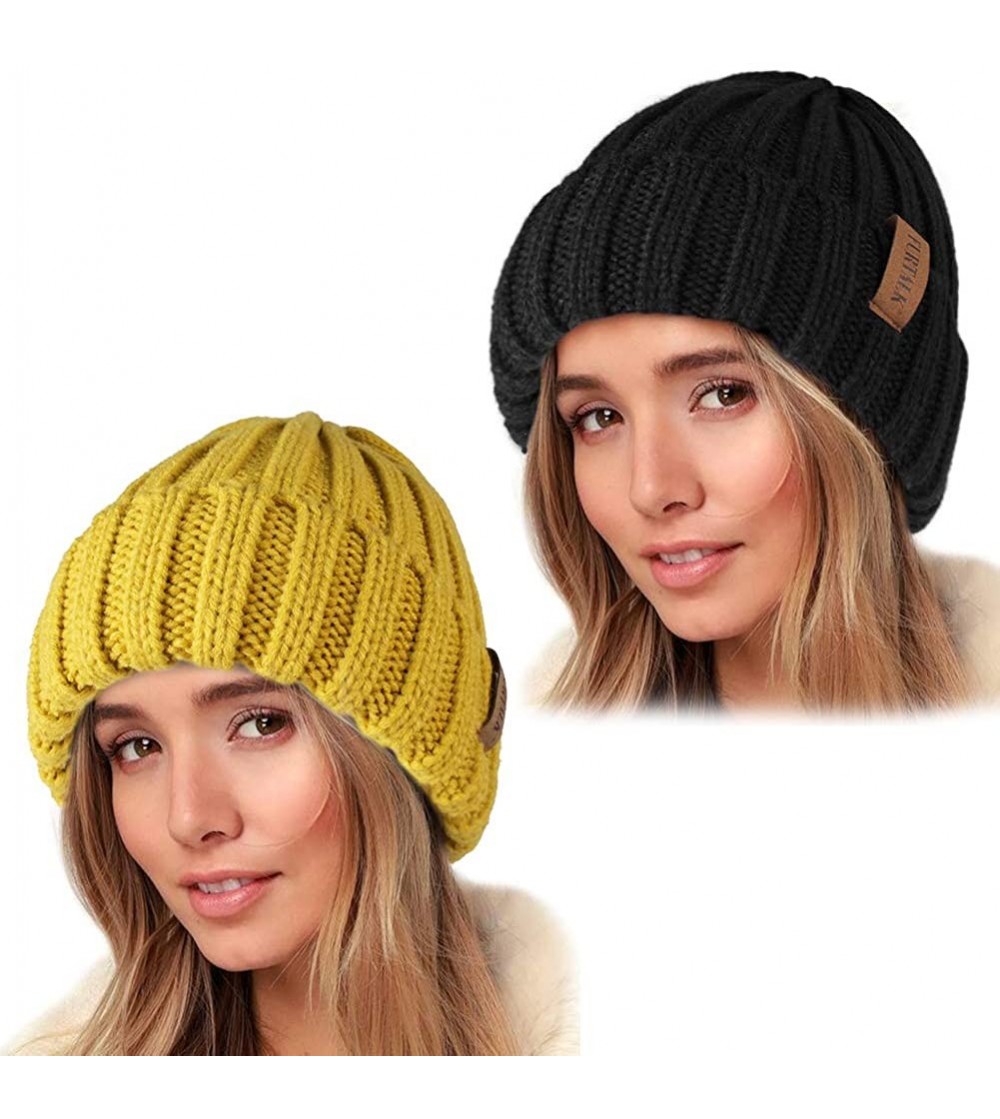 Skullies & Beanies Knit Beanie Hats for Women Men Double Layer Fleece Lined Chunky Winter Hat - Z-black/Yellow 2pcs - CA18UWD...