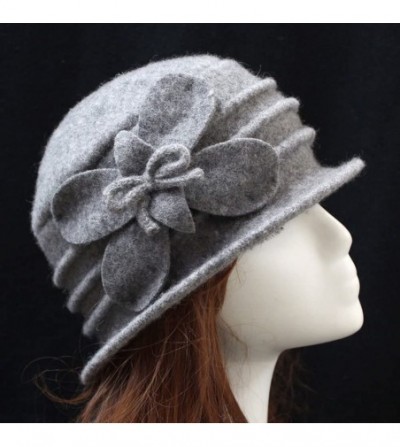 Skullies & Beanies Women 100% Wool Felt Round Top Cloche Hat Fedoras Trilby with Bow Flower - A1 Light Grey - CR185A8QYHY