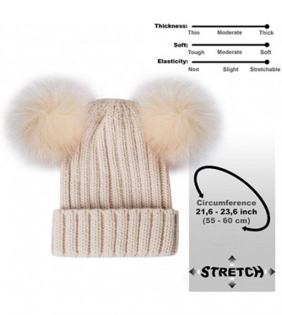 Skullies & Beanies Womens Double Pom Pom Winter Bobble Hat Knitted Faux Raccoon Fur Ball Cap Adult Beanie Hat - Beige - CB18Y...