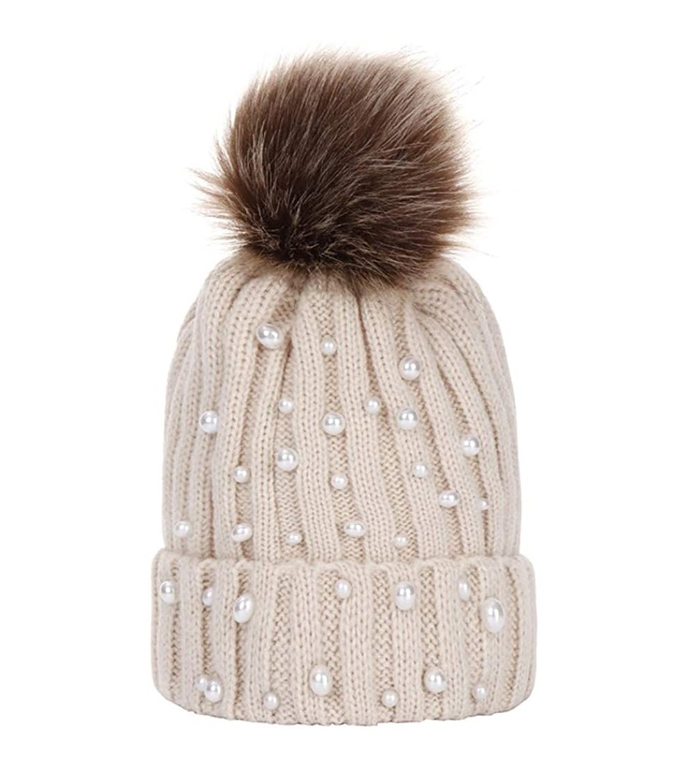 Cold Weather Headbands Women Faux Fur Pom Pom Beanie Cap Fashion Winter Pearl Knit Ski Hat - Khaki - C318LK8RWW4
