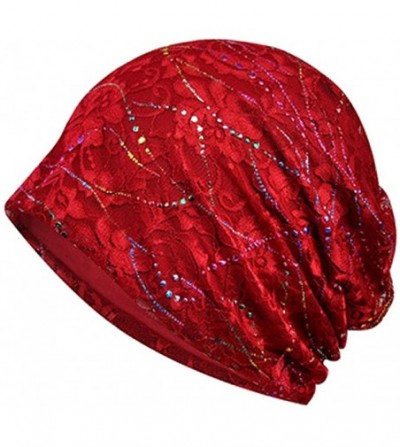 Skullies & Beanies Womens Cotton Beanie Lace Turban Soft Sleep Cap Chemo Hats Fashion Slouchy Hat - 2 Pack Black+burgundy - C...