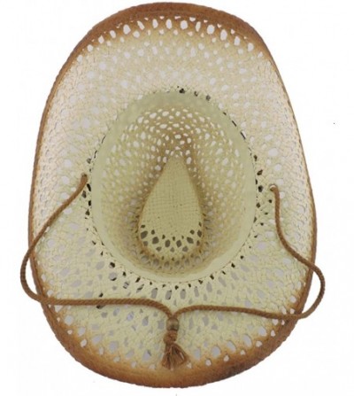 Cowboy Hats Silver Fever Ombre Woven Straw Cowboy Hat with Cut-Outs-Beads- Chin Strap - Beige - CD12BWNODF3