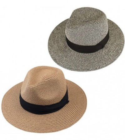 Sun Hats Panama Hat Sun Hats for Women Men Wide Brim Fedora Straw Beach Hat UV UPF 50 - Z-2 Pcs Brown/Black Beige - CU18NRYYDEY