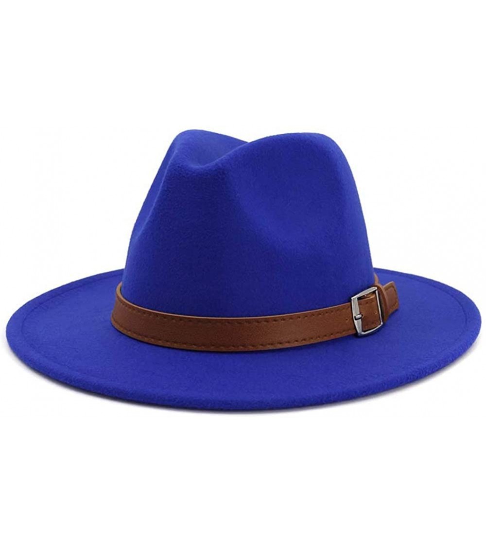 Fedoras Classic Men & Women Wide Brim Fedora Panama Hat with Belt Buckle - Royal Blue - CE18UY9CQ8C