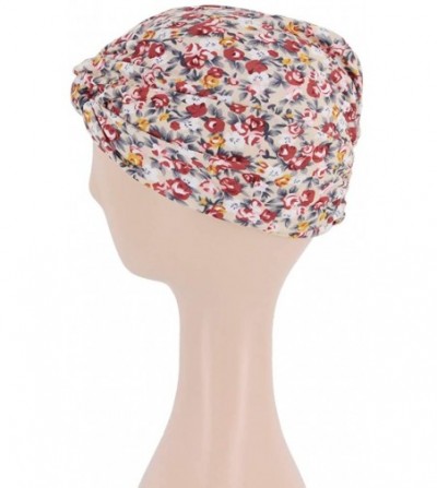 Sun Hats Shiny Metallic Turban Cap Indian Pleated Headwrap Swami Hat Chemo Cap for Women - Beige Camellia - C718WYGOA2I