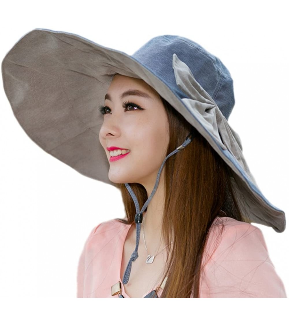 Sun Hats Women's Foldable Floppy Reversible Travel Beach Sun Visor Hat Wide Brim UPF 50+ - Blue- Cotton Linen - CF17YSRW9WN