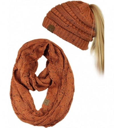 Skullies & Beanies Colorful Confetti BeanieTail Messy High Bun Cable Knit Beanie and Infinity Loop Scarf Set - Rust - C718KK4...