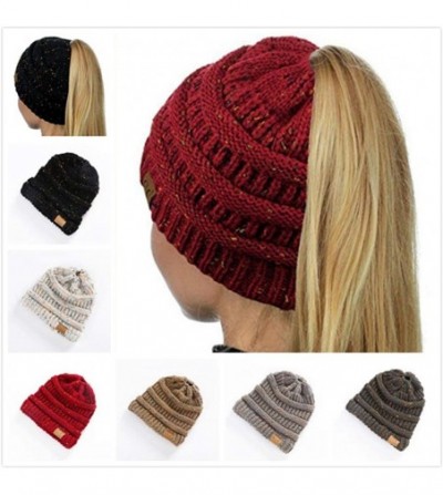 Skullies & Beanies Women Warm Baggy High Bun Ponytail Crochet Knit Artificial Wool Winter Ski Beanie Skull Caps Hat - Khaki -...