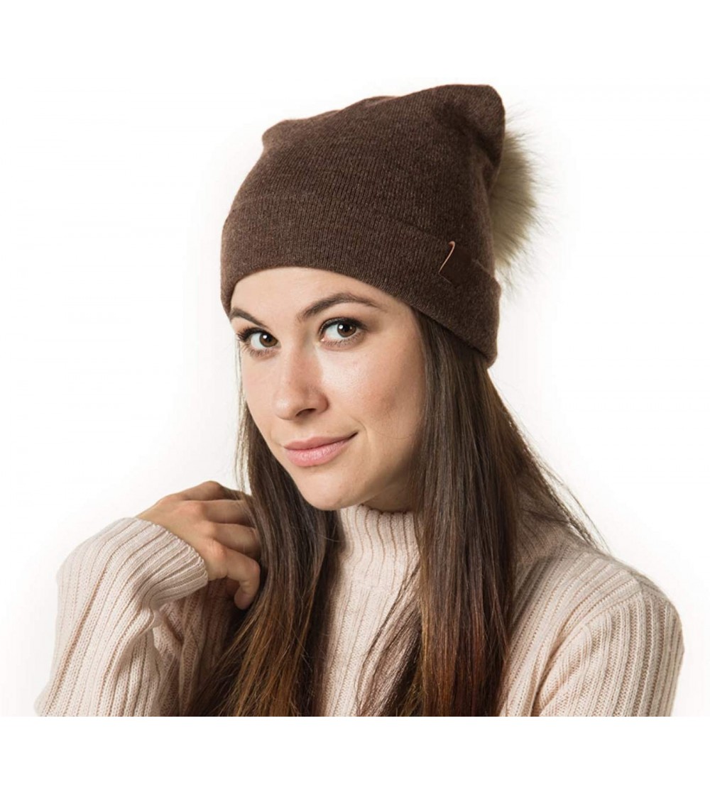 Skullies & Beanies Marino Slouchy Beanie Hat for Women - Cashmere Blend - Rabbit Fur Pompom - Brown - CP12N1IWQ0U