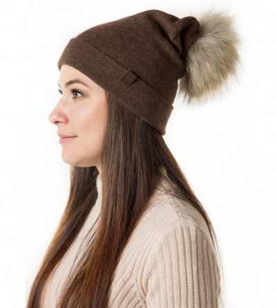 Skullies & Beanies Marino Slouchy Beanie Hat for Women - Cashmere Blend - Rabbit Fur Pompom - Brown - CP12N1IWQ0U