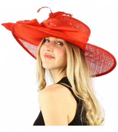 Sun Hats Fancy Kentucky Derby Floppy Crystals Feathers Big Ribbon Bow Church Hat - Red - CS11CGXH7PH