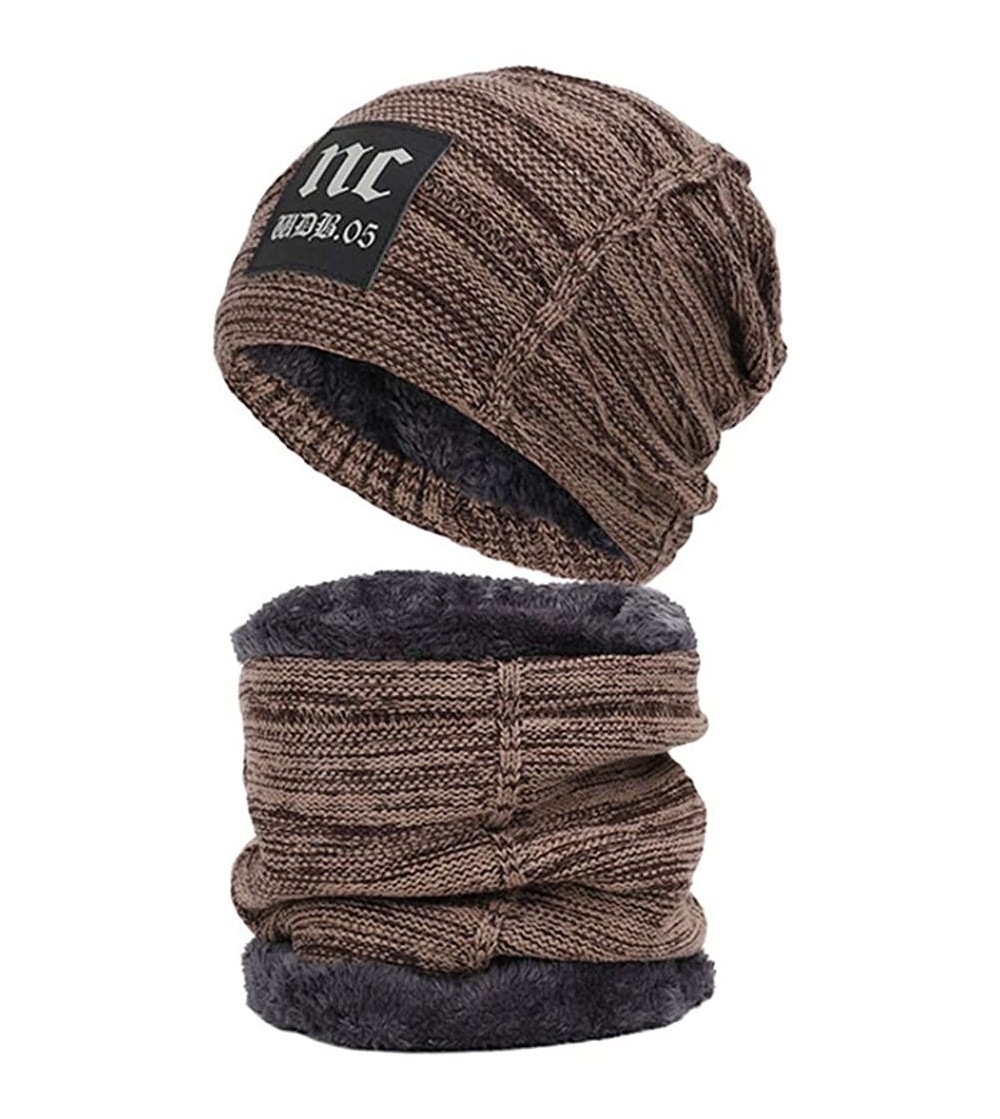 Skullies & Beanies Hat Scarf Set Winter Beanie Warm Knit Hat Fleece Lined Scarf Warm Winter Hat for Men & Women - Khaki 2 - C...