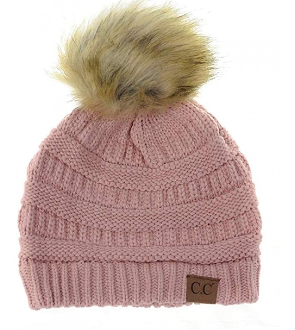 Skullies & Beanies Soft Warm Cable Knit Faux Fur Pom Pom Winter Skull Cap - Indi Pink - CD18Y7EN7GR