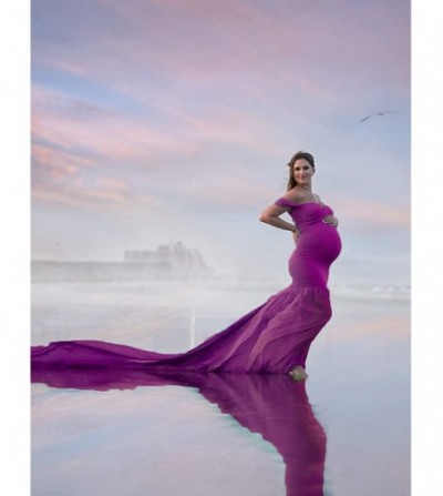 Headbands Maternity Off Shoulder Chiffon Gown Maxi Photography Dress for Photo Shoot Photo Props Dress - Purple - C318WD78L57