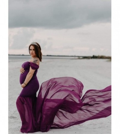 Headbands Maternity Off Shoulder Chiffon Gown Maxi Photography Dress for Photo Shoot Photo Props Dress - Purple - C318WD78L57