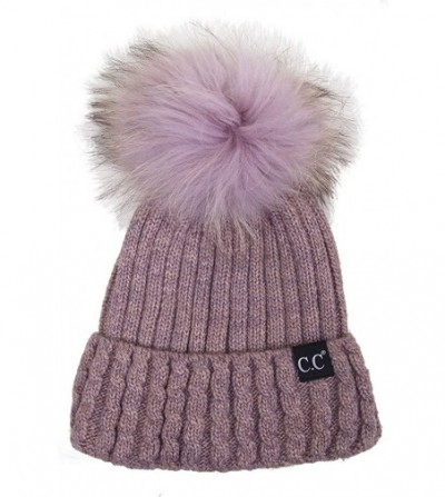 Skullies & Beanies Black Label Ribbed Real Racoon Fur Knitted Cuffed Beanie with Pom Pom - Violet - CB187GIYD6L