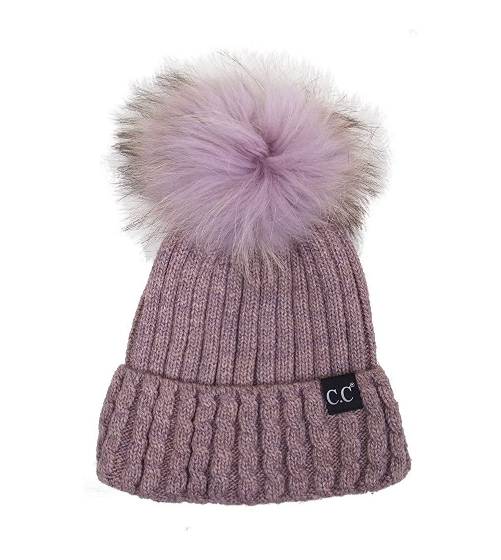 Skullies & Beanies Black Label Ribbed Real Racoon Fur Knitted Cuffed Beanie with Pom Pom - Violet - CB187GIYD6L