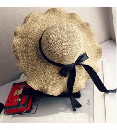 Sun Hats Women Bowknot Straw Hat Stripe Floppy Foldable Roll up Beach Cap Sun Hat Outdoor UV +50 - Khaki - C918U08KWUR