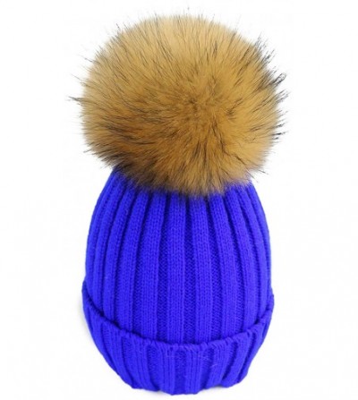 Skullies & Beanies Women Cable Knit Beanie Raccoon Fur Fuzzy Pompom Chunky Winter Stretch Skull Cap Cuff Hat - 03royal Blue -...