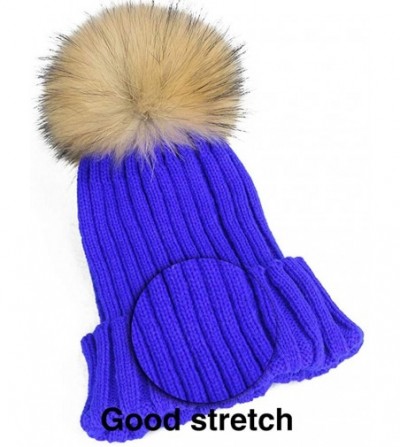 Skullies & Beanies Women Cable Knit Beanie Raccoon Fur Fuzzy Pompom Chunky Winter Stretch Skull Cap Cuff Hat - 03royal Blue -...
