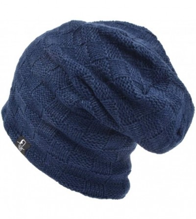 Skullies & Beanies Slouchy Knitted Baggy Beanie Hat Crochet Stripe Summer Dread Caps Oversized for Men-B318 - B5021-navy - CH...