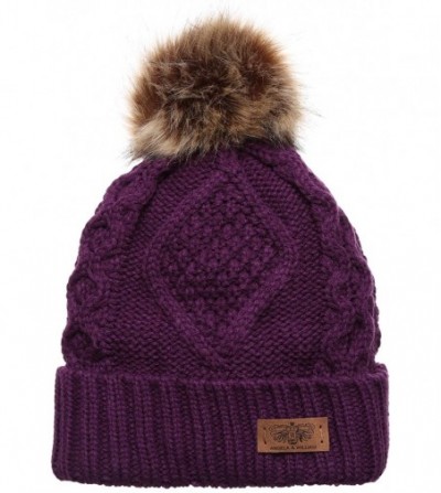 Skullies & Beanies Women's Winter Fleece Lined Cable Knitted Pom Pom Beanie Hat with Hair Tie. - Purple - CE12MZHR9KL