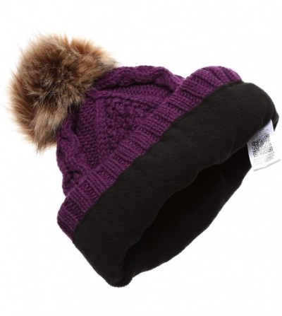 Skullies & Beanies Women's Winter Fleece Lined Cable Knitted Pom Pom Beanie Hat with Hair Tie. - Purple - CE12MZHR9KL