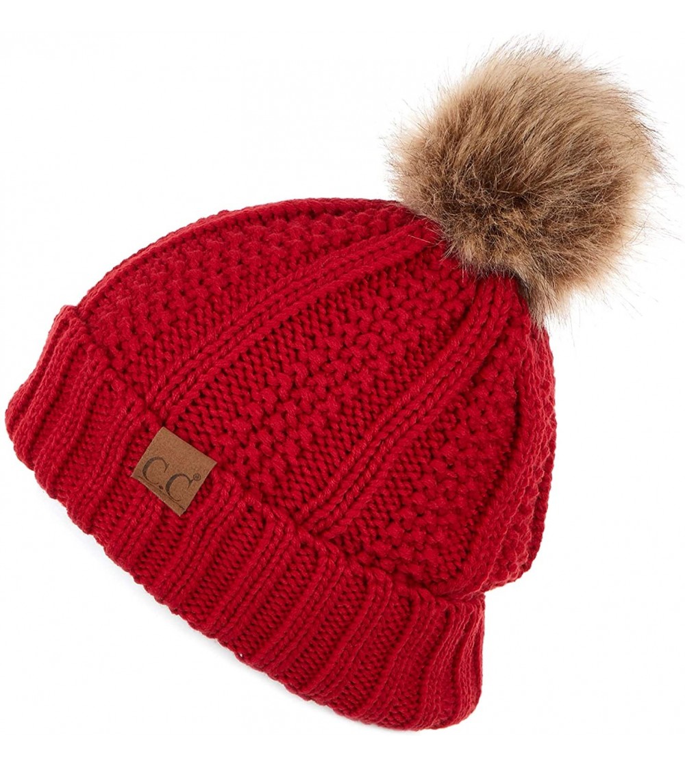 Skullies & Beanies Exclusives Fuzzy Lined Knit Fur Pom Beanie Hat (YJ-820) - Red - CK18I6O7ITW