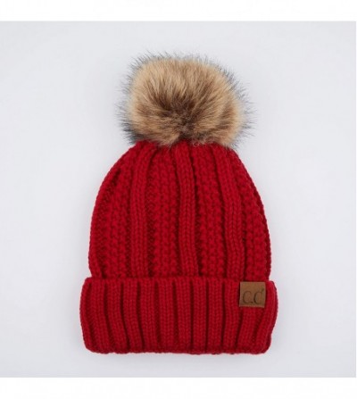 Skullies & Beanies Exclusives Fuzzy Lined Knit Fur Pom Beanie Hat (YJ-820) - Red - CK18I6O7ITW