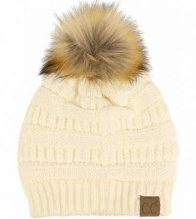 Skullies & Beanies Fur Pom Winter Fall Trendy Chunky Stretchy Cable Knit Beanie Hat - Solid Ivory - CW18YAO7MO8