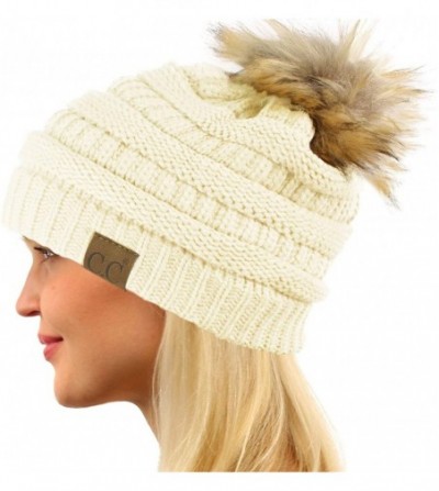 Skullies & Beanies Fur Pom Winter Fall Trendy Chunky Stretchy Cable Knit Beanie Hat - Solid Ivory - CW18YAO7MO8