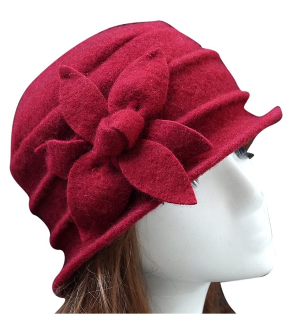 Fedoras Women 100% Wool Solid Color Round Top Cloche Beret Cap Flower Fedora Hat - 5 Dark Red - CZ18HYKRW5S