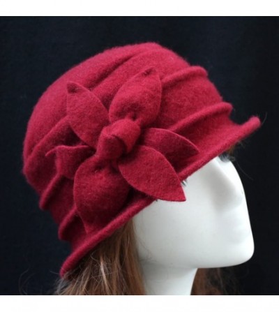 Fedoras Women 100% Wool Solid Color Round Top Cloche Beret Cap Flower Fedora Hat - 5 Dark Red - CZ18HYKRW5S