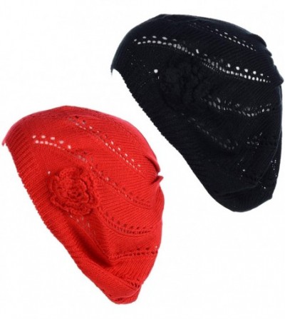 Berets Chic Parisian Style Soft Lightweight Crochet Cutout Knit Beret Beanie Hat - 2-pack Swirl Red & Black - CA198RTHZQ5