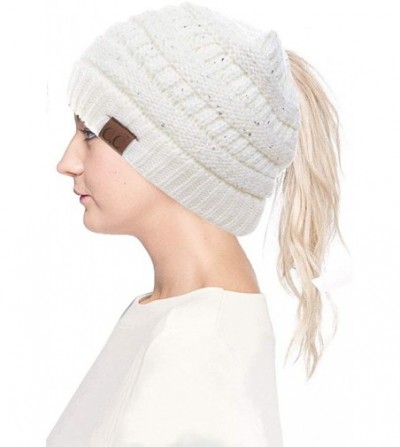 Skullies & Beanies Women Knitted Sparkle Sequin Soft Skull Cap Ponytail Messy Bun Beanie - Ivory/Silver - CC18IC78MGE