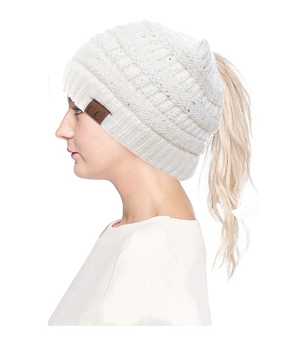 Skullies & Beanies Women Knitted Sparkle Sequin Soft Skull Cap Ponytail Messy Bun Beanie - Ivory/Silver - CC18IC78MGE