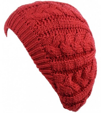 Berets Women's Warm Soft Plain Color Urban Boho Slouch Winter Cable Knitted Beret Hat Skull Hat - Red - C31936EM83W