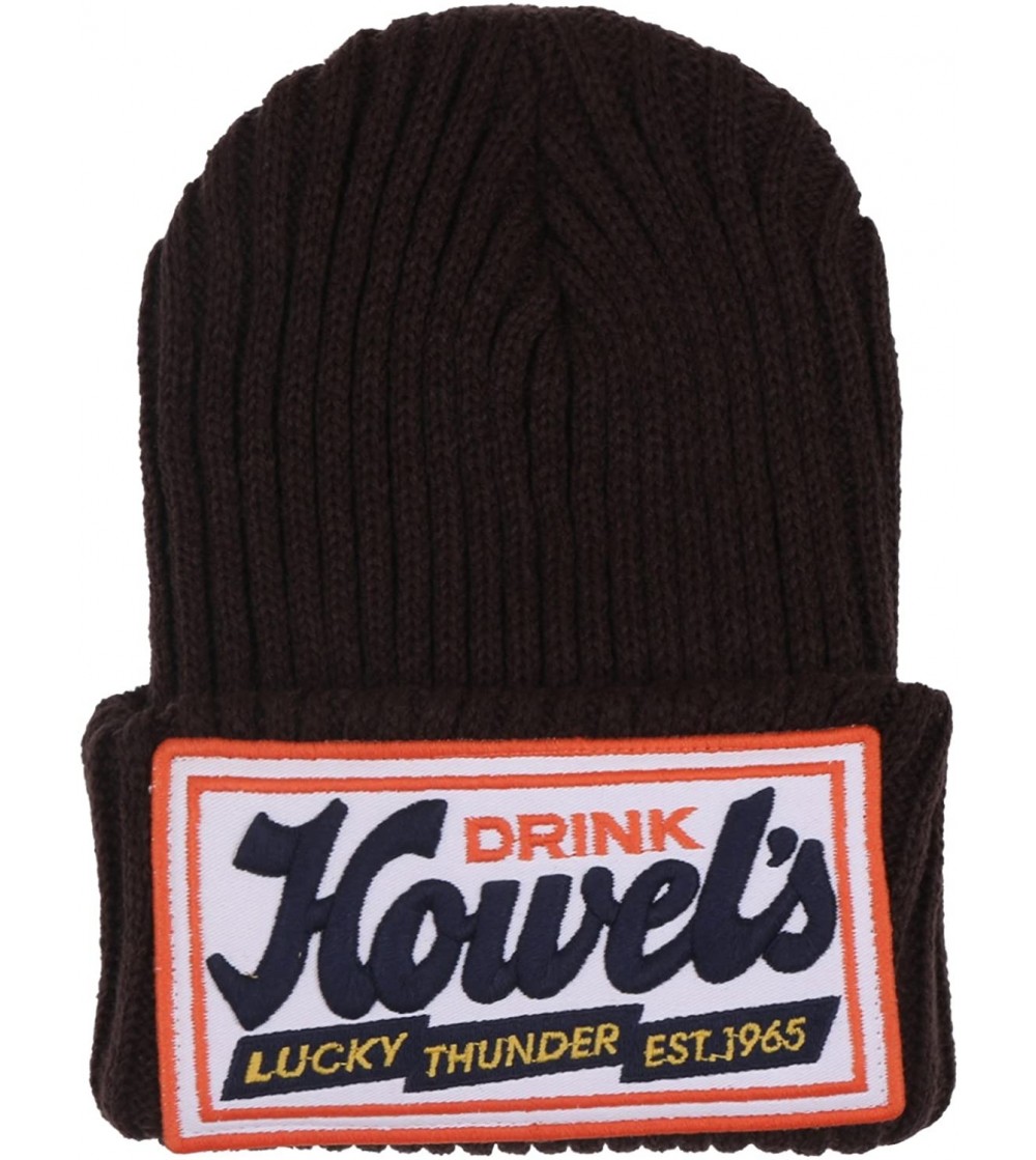 Skullies & Beanies Howel's Stitched Logo Fold-Over Ribbed Stretch Knit Skully Beanie Hat - Brown - C2125HJA243