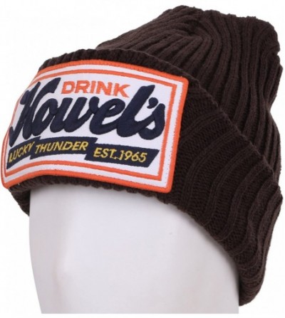Skullies & Beanies Howel's Stitched Logo Fold-Over Ribbed Stretch Knit Skully Beanie Hat - Brown - C2125HJA243