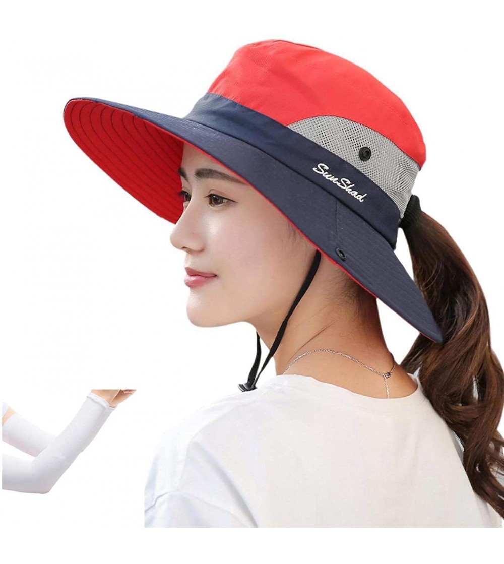 Bucket Hats Women's Outdoor Sun Protection Wide Brim Mesh Fishing Hat Bucket Hat with Ponytails - Red - CR18G2UNAEH