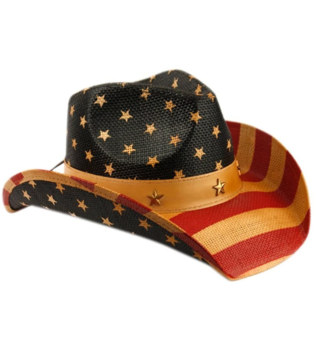 Cowboy Hats USA American Flag Straw Cowboy Hat w/Shapeable Brim- Red- White- Navy Blue - Cow2935 - CL18DT7QQA5