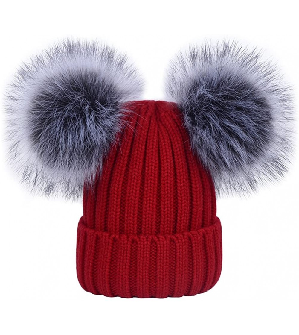 Skullies & Beanies Women's Winter Ribbed Knitted Beanie Hat with Double Faux Fur Pom Pom - Wine Red - C01897HXML2