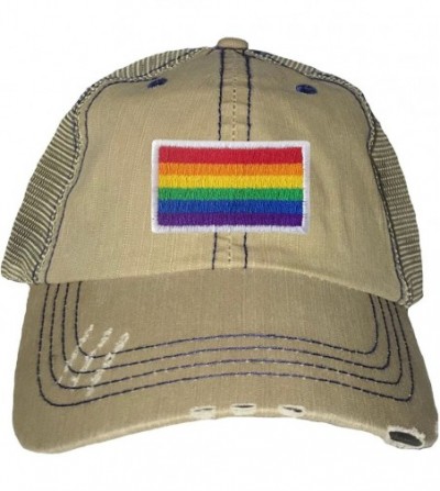 Baseball Caps Adult Rainbow Gay & Lesbian Pride Flag Embroidered Distressed Trucker Cap - Khaki/ Navy - C7180R076XG