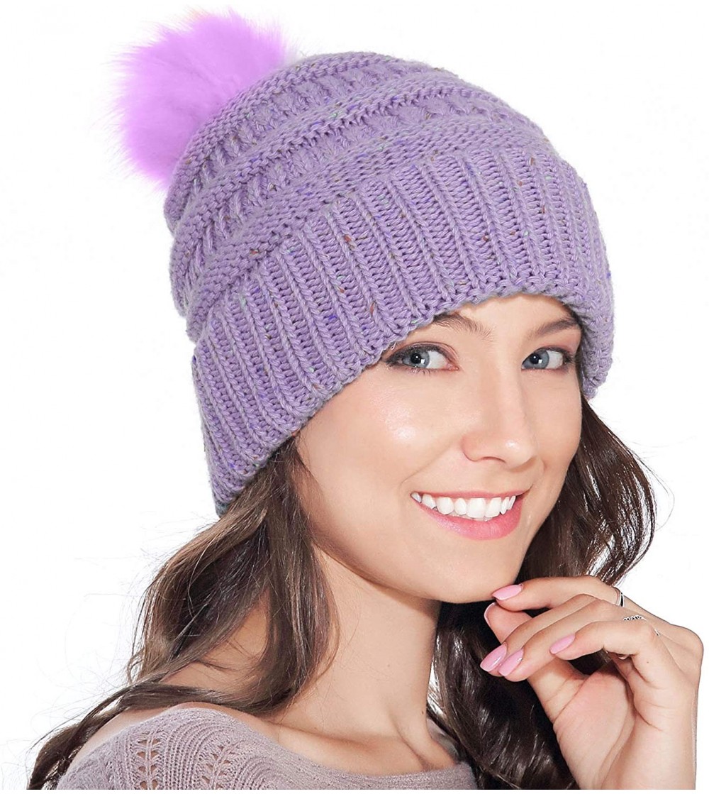 Skullies & Beanies Fur Pom Pom Beanie for Women Hat Winter Knit Wool Hats Warrm Soft Skull ski Cap - Purple - CW18XEO7YN4