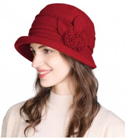 Sun Hats Cloche Round Hat for Women 1920s Fedora Bucket Vintage Hat Flower Accent - 16076_red - CL12M68T7L3