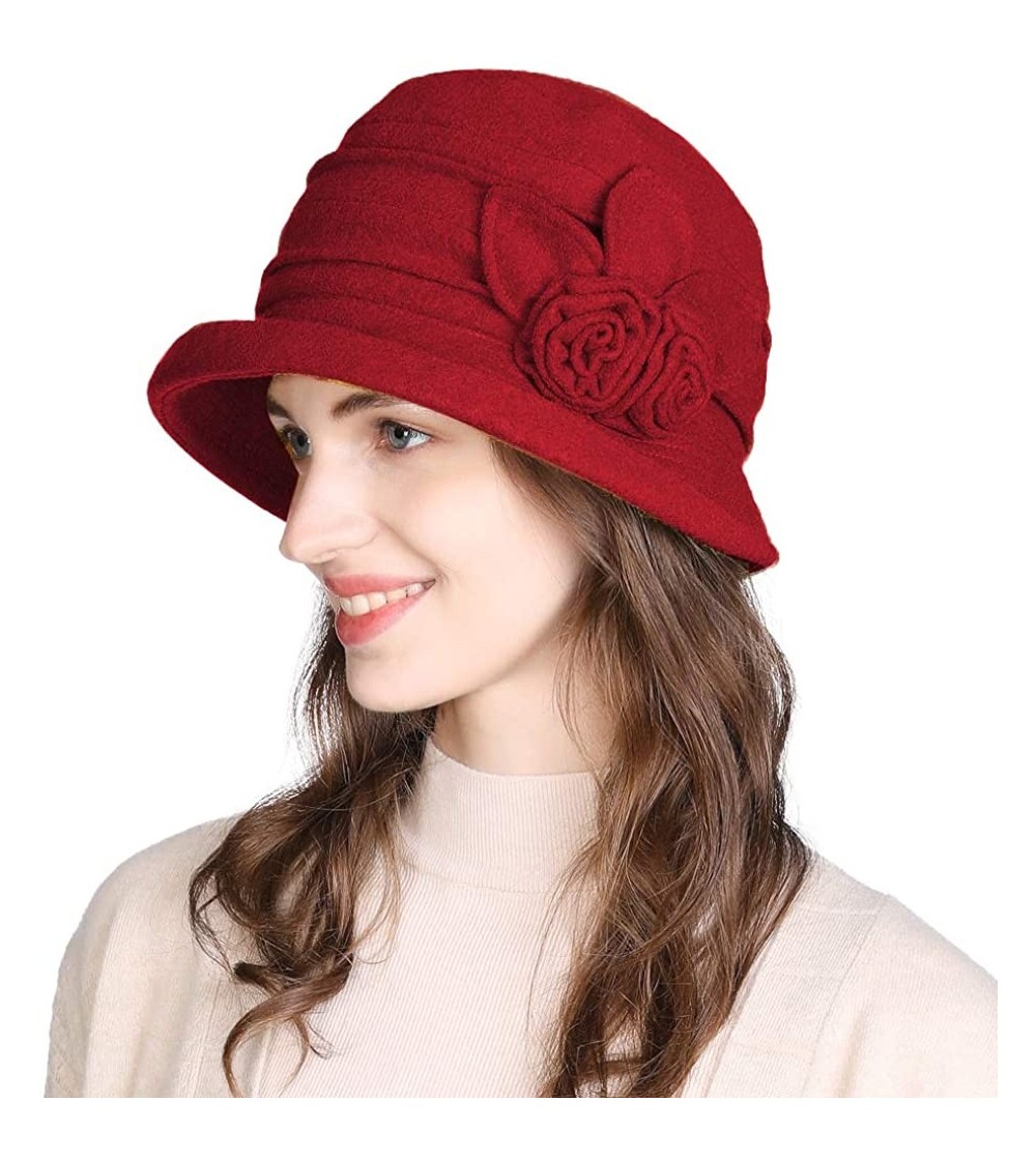Sun Hats Cloche Round Hat for Women 1920s Fedora Bucket Vintage Hat Flower Accent - 16076_red - CL12M68T7L3