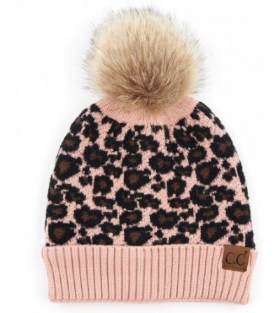 Skullies & Beanies Women's Leopard Animal Print Warm Winter Beanie Hat with Pom - Indi Pink - CK18YYKW0NX
