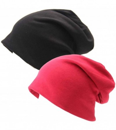 Skullies & Beanies Unisex Baggy Lightweight Hip-Hop Soft Cotton Slouchy Stretch Beanie Hat - W Black Red 2 Pack - CL18KWCRX5L